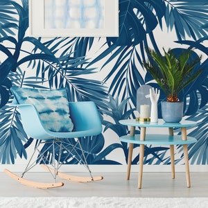 Blue leaves wallpaper, peel and stick tropical wall mural, removable temporary wallpaper, leaf print, home decor