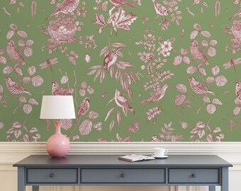 Green chinoiserie wallpaper, floral and bird wallpaper, self adhesive, peel and stick, removable or traditional, vinyl wallpaper