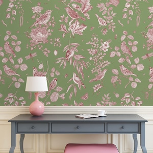 Green chinoiserie wallpaper, floral and bird wallpaper, self adhesive, peel and stick, removable or traditional, vinyl wallpaper