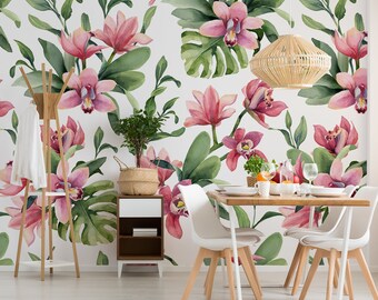 Watercolor floral wallpaper, removable wall mural, pattern with orchid flowers and monstera, floral wall sticker, temporary wallpaper