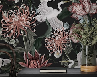 Papel pintado floral oscuro, papel pintado de flores y pájaros grulla, autoadhesivo, despegable y pegable, removible o tradicional, papel pintado de vinilo