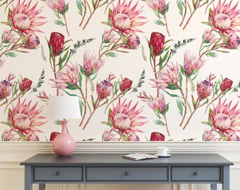 Watercolor pink flowers wallpaper, peel and stick wallpaper, self adhesive wall mural, botanical print, wall art, leaf wallpaper, wall decor