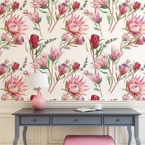 Watercolor pink flowers wallpaper, peel and stick wallpaper, self adhesive wall mural, botanical print, wall art, leaf wallpaper, wall decor