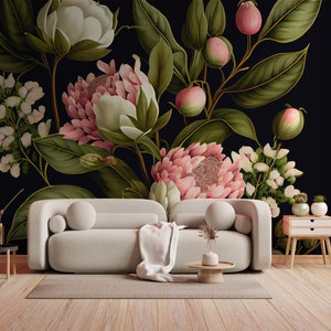 Bouquet of flowers wall mural, pink peony vintage wallpaper, self adhesive, peel and stick, removable or traditional, vinyl wallpaper