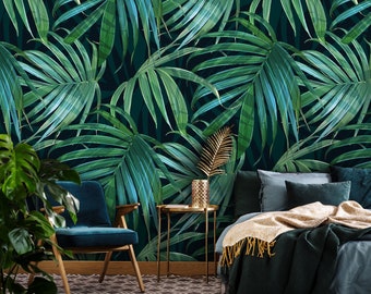 Dark green leaves wallpaper, peel and stick, palm leaf wall art, self adhesive, temporary wall mural, removable wallpaper, wall decor