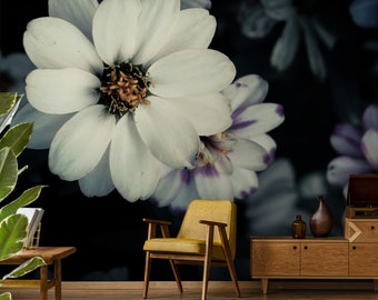 Dark floral mural, removable wallpaper, self adhesive, floral wall decor, floral bouquet, temporary wallpaper, wall sticker, peel and stick