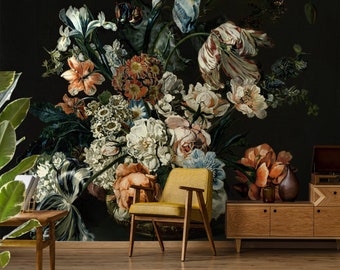 Dutch floral wall mural with blue irises, peel and stick wallpaper, dark floral wallpaper, temporary wall mural, vintage wall decor#
