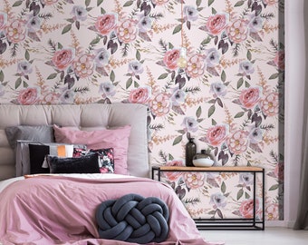 Beautiful watercolor wallpaper with floral pattern, peel and stick wall mural, removable floral wallpaper, flower wall decor, home decor