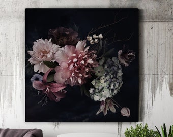 Peony bouquet canvas print, beautiful dark floral print, canvas wall art, home decor, canvas roll
