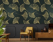 Gold leaf wallpaper, self adhesive wallpaper, peel and stick wallpaper, floral temporary wallpaper, leaf print, dark wallpaper, wall decor