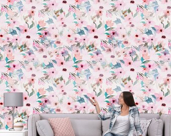 Floral painting wallpaper, self adhesive wallpaper, pink watercolor flowers, peel and stick removable wall mural, wall decor