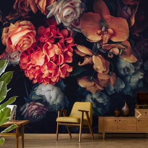 Carta da parati con bellissimi fiori, buccia e bastoncino, carta da parati floreale vintage murale, decorazioni murali floreali scure, carta da parati autoadesiva rimovibile