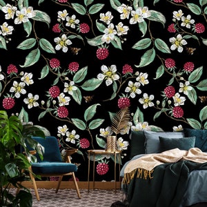 Raspberries & bees wallpaper, peel and stick wallpaper, embroidery floral pattern, dark removable wallpaper, temporary wallpaper