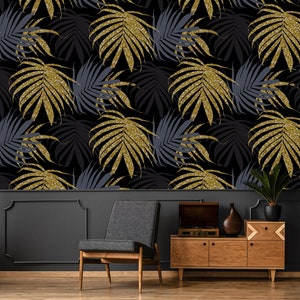 Palm leaf wallpaper, self adhesive wallpaper, removable wallpaper, dark floral wallpaper, wall decor, temporary peel and stick wallpaper