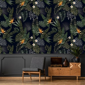 Dark jungle wallpaper, peel and stick wall mural with tropical pattern, self adhesive removable wallpaper, temporary wall mural