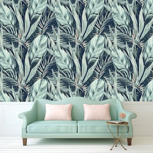 Exotic wallpaper with green leaves, peel and stick botanical wallpaper, temporary removable wallpaper, tropical wallpaper mural