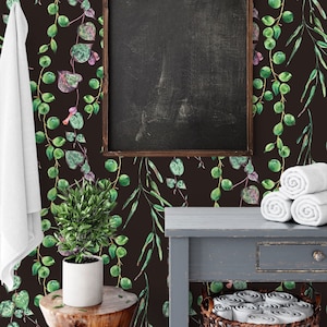 Vintage botanical wallpaper, green leaves pattern, self adhesive wallpaper,  wall mural, peel and stick removable wallpaper, wall decor
