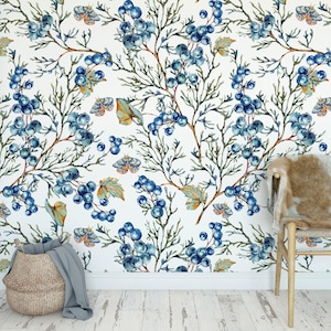 Blaubeere und Schmetterling Tapete, florale Peel and Stick abnehmbare Tapete, selbstklebende Tapete, florales Wandbild, Wanddeko