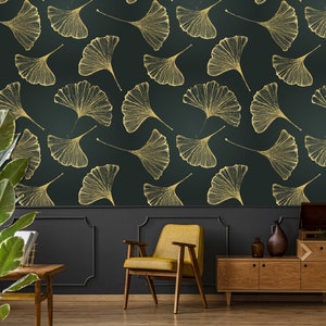 Dark wallpaper with leaf print, peel and stick wall mural, temporary removable wallpaper, wall decor#