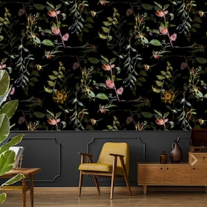 Watercolor botanical wallpaper, self adhesive wallpaper, dark floral wallpaper, watercolor pattern, wall mural, peel and stick wallpaper