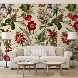 Bella carta da parati floreale, murale a buccia e bastone con fiori dipinti su sfondo chiaro, carta da parati rimovibile, decorazioni per la casa