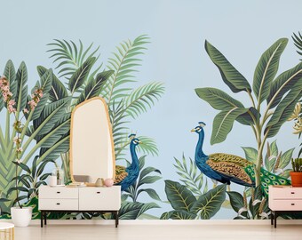 Tropical floral paradise wall mural, self adhesive removable wallpaper, bird wallpaper peel and stick wallpaper, wall decor