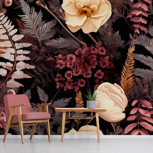 Floral vintage wallpaper, flowers and leaves wall mural, self adhesive, peel and stick, removable or traditional, vinyl wallpaper