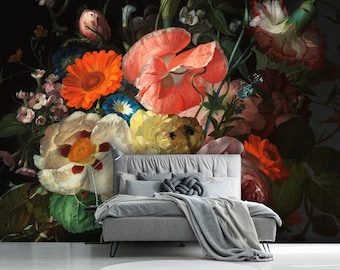 Baroque floral wallpaper, peel and stick wall mural with dutch floral painting, dark wallpaper, temporary wallpaper, wall decor
