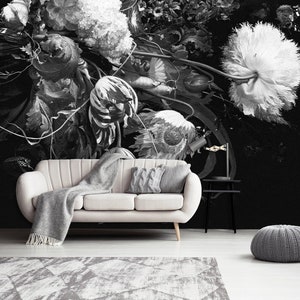 Dark floral art wallpaper, peel and stick wall mural, black and white painting, removable wallpaper, self adhesive wallpaper, home decor#