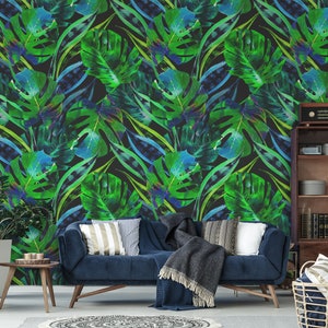 Green jungle wallpaper, peel and stick wall mural, temporary tropical wallpaper, palm leaf wall decor, home decor