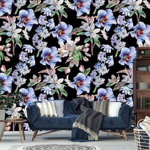 Lila Hyazinthe Wandbild, Tapete zum Aufkleben, tropisches Aquarell Muster, dunkle florale selbstklebende Tapete, Wohndekor