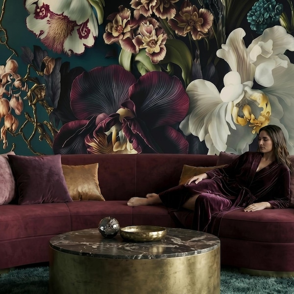 Dark floral mural, bouquet of tropical flowers on dark background, self adhesive peel and stick or traditional vinyl wallpaper