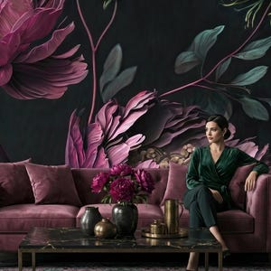 Dunkles Blumen Wandbild, lila Blumen auf dunklem Hintergrund, dunkle botanische Wanddekoration, selbstklebend, schälen und aufkleben oder traditionelles Vinyl