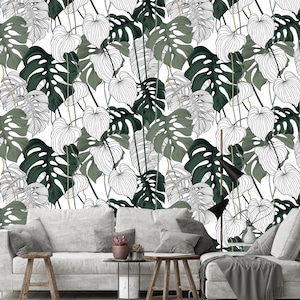 Exotische Tapete, abnehmbare Tapete, Monstera Blatt, Dschungel Tapete, tropische Tapete, Palmenblatt, Peel and Stick Tapete, Wand Deko