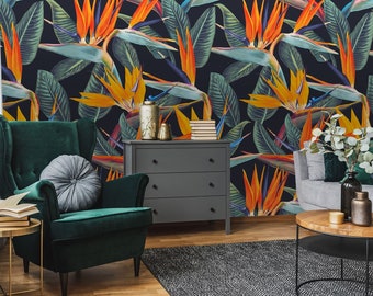 Dark tropical wallpaper, bird of paradise self adhesive wallpaper, peel and stick, removable or traditional, vinyl wallpaper
