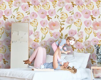 Pink floral wallpaper,peel and stick removable wallpaper, watercolor flower, self adhesive wallpaper, removable nursery wallpaper#