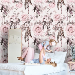 Boho floral wallpaper, removable wallpaper, botanical print set, self adhesive, floral clipart, boho wallpaper, peel and stick wallpaper