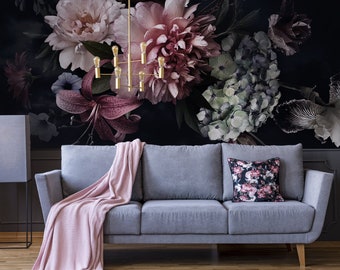 Dark floral wallpaper with peony bouquet, peel and stick wall mural, flower wall decor, removable black wallpaper, home decor