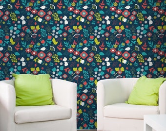 Abstract flowers wall mural, self adhesive removable wallpaper, floral print, peel and stick wallpaper, botanical wall decor