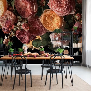 Dark floral wallpaper with roses and peonies, peel and stick wallpaper, self adhesive temporary wall mural, removable wallpaper
