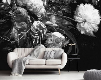 Dark floral art wallpaper, peel and stick wall mural, black and white painting, removable wallpaper, self adhesive wallpaper, home decor#