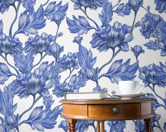 Vintage blaue große Blumen Wandbild, vintage weiße Tapete, selbstklebend, schälen und aufkleben, abnehmbar oder traditionell, Vinyl-Tapete