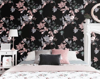 Removable dark floral wallpaper, peel and stick wall mural, black wallpaper with watercolor floral pattern, pink flowers home decor