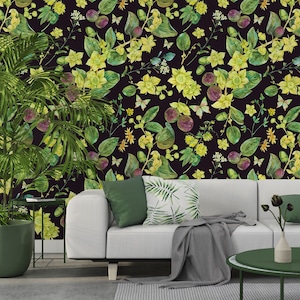 Botanical floral wall mural, self adhesive removable wallpaper, watercolor pattern with yellow flowers, peel and stick wallpaper, wall decor