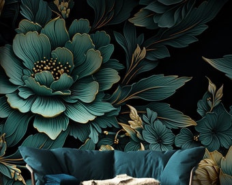 May include: A teal blue velvet sofa with a faux fur throw sits in front of a wall with a large-scale floral wallpaper featuring dark green and gold leaves and flowers.