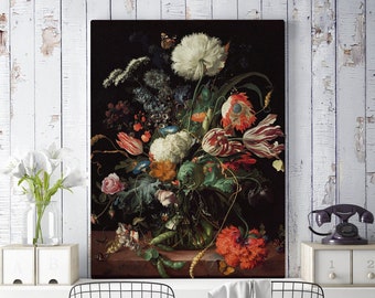 Red floral bouquet canvas print, dutch oil painting flowers on black background, dark floral wall art, canvas roll for self assembly