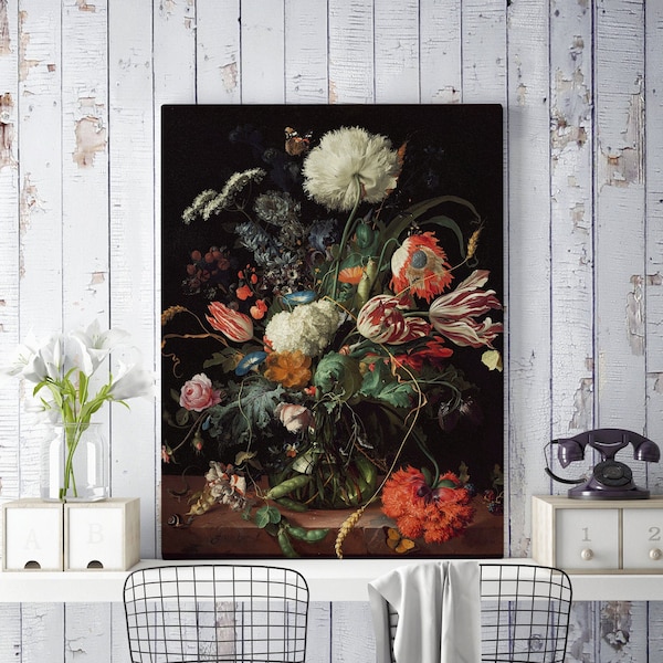 Bouquet floral rouge impression sur toile, fleurs de peinture à l’huile hollandaise sur fond noir, art mural floral foncé, rouleau de toile pour auto-assemblage