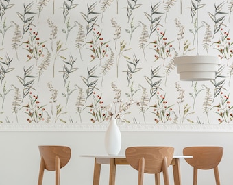 Bright wallpaper with a botanical pattern, peel and stick wallpaper, watercolor wallpaper, self adhesive, removable, wall decor