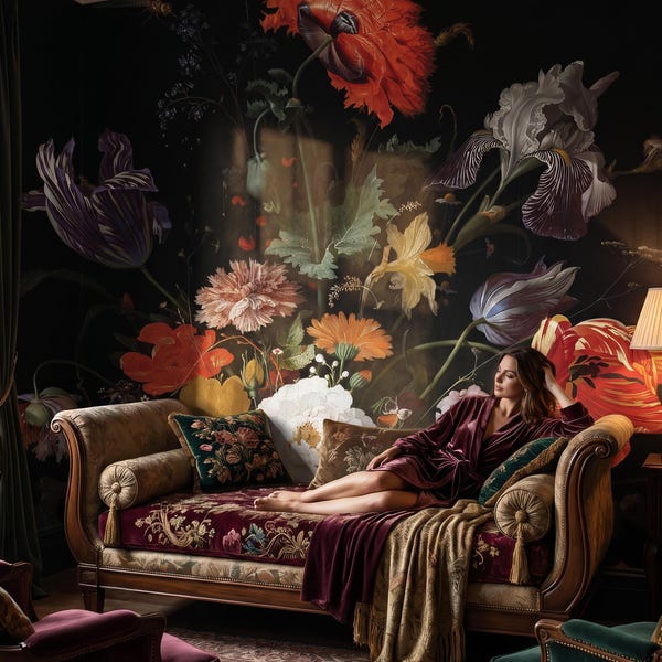 オランダの花の壁画、ダークフローラル壁紙、静物画の壁画、ホームデコレーション、粘着式剥がして貼れるタイプ、または従来のビニール製