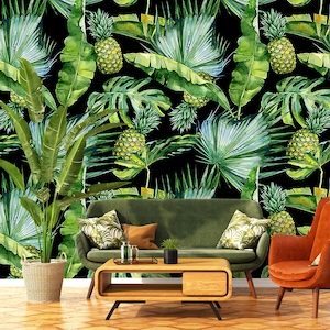 Exotic removable wallpaper with tropical plants, banana and monstera leaf, pineapple decor, peel and stick wallpaper